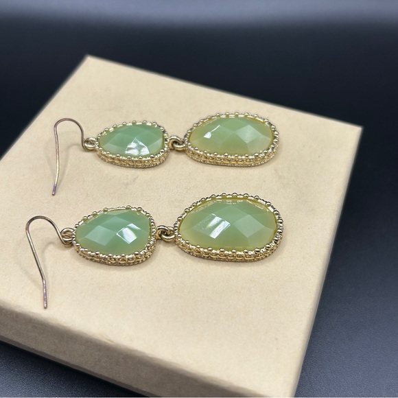 Gold Tone & Green Stone Double Drop Earrings - Picture 4 of 9